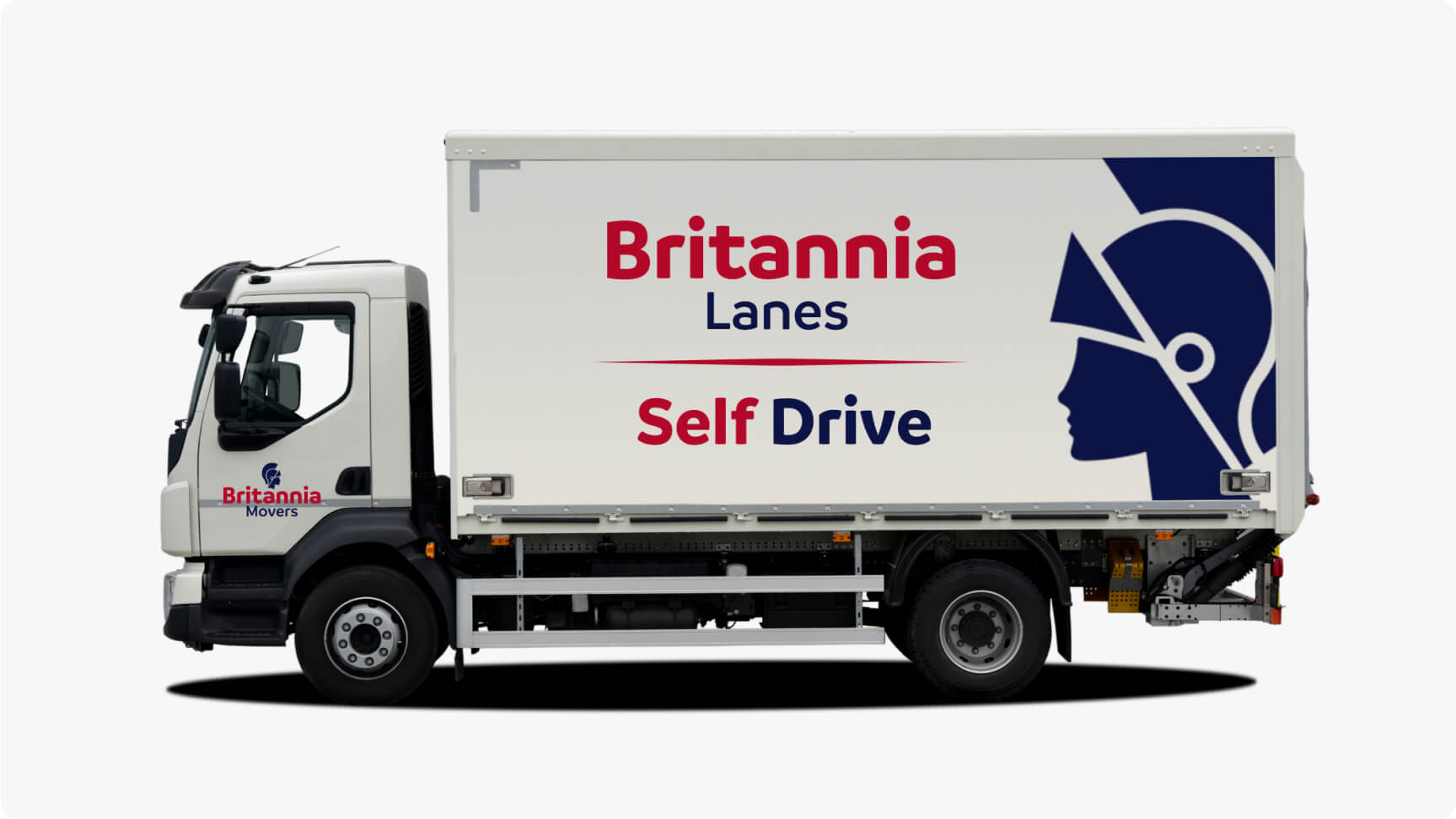 A white Britania Lanes moving truck is pictured against a plain background. The side panel features the company logo, which includes a blue helmeted figure, the words "Britania Lanes" in red, and "Self Drive" also in red. The truck is branded with "Britannia Movers" as well.