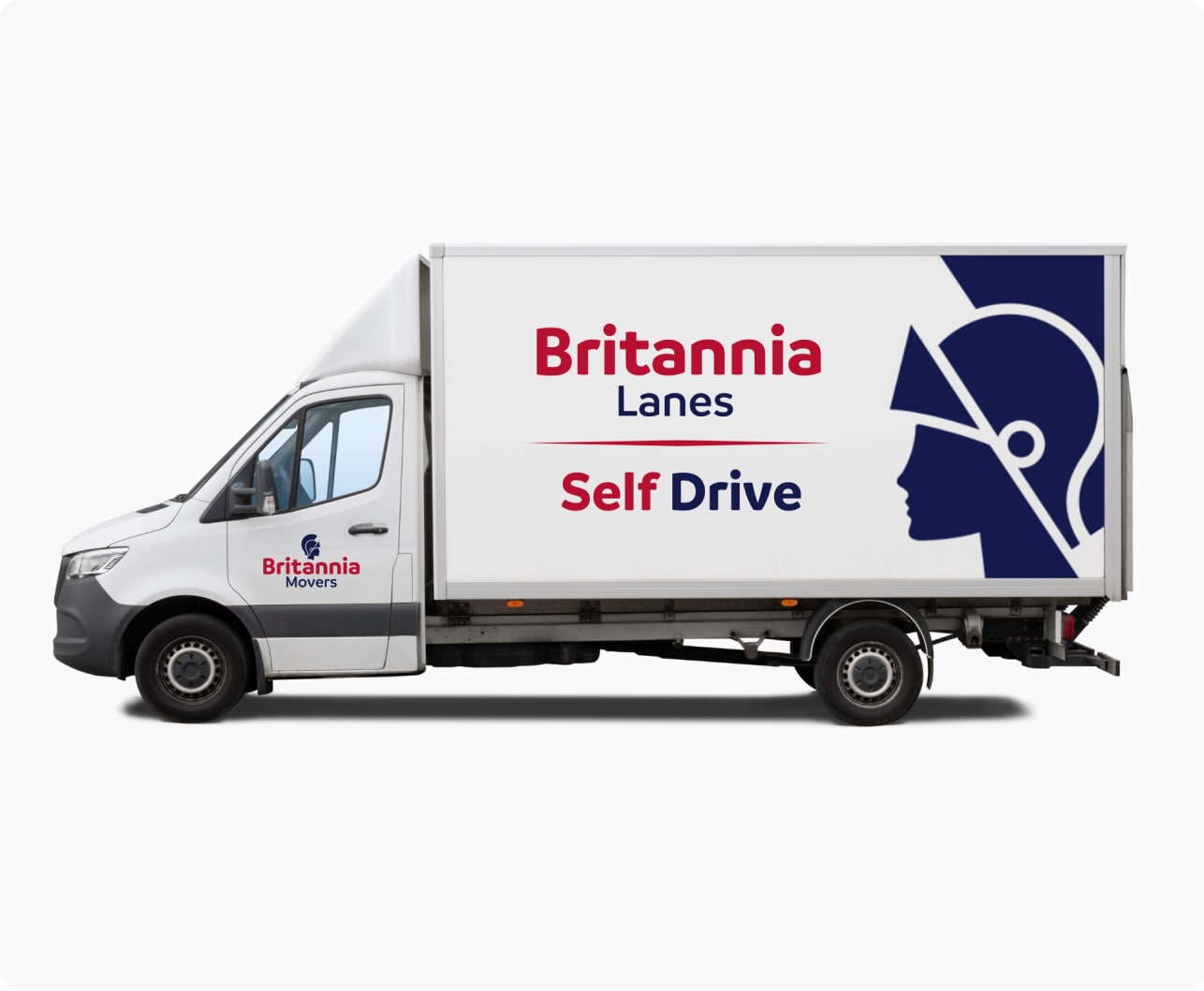 A white moving truck with "Britannia Movers" logo on the door and "Britannia Lanes Self Drive" on the side. The side also features a stylized blue profile of a person in a helmet. The truck is shown on a plain white background.