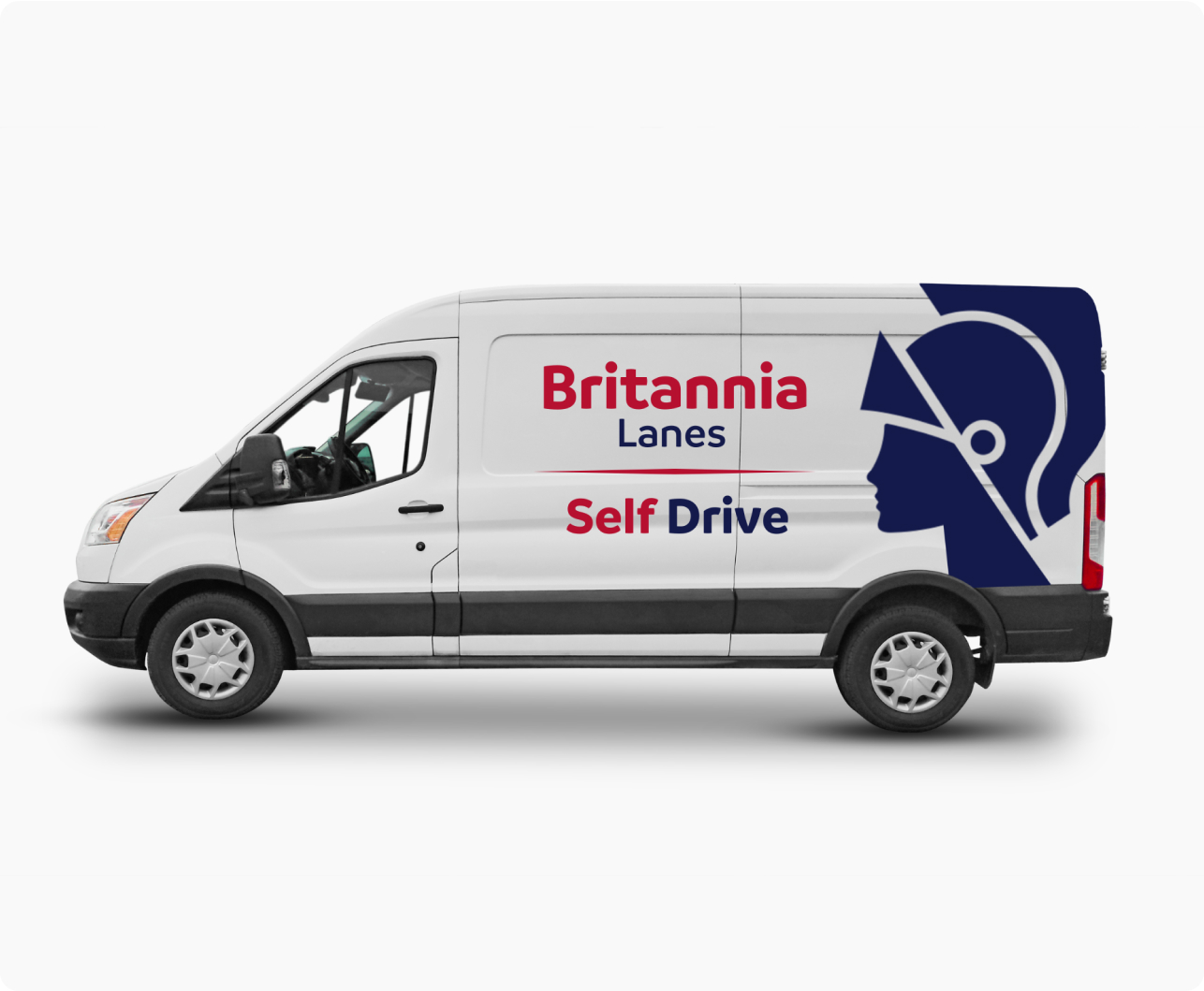 Side view of a white van featuring the "Britannia Lanes Self Drive" logo. The logo includes a silhouette of a Roman soldier's profile in blue next to the company name in red and blue text. The van is clean and parked on a solid white background.