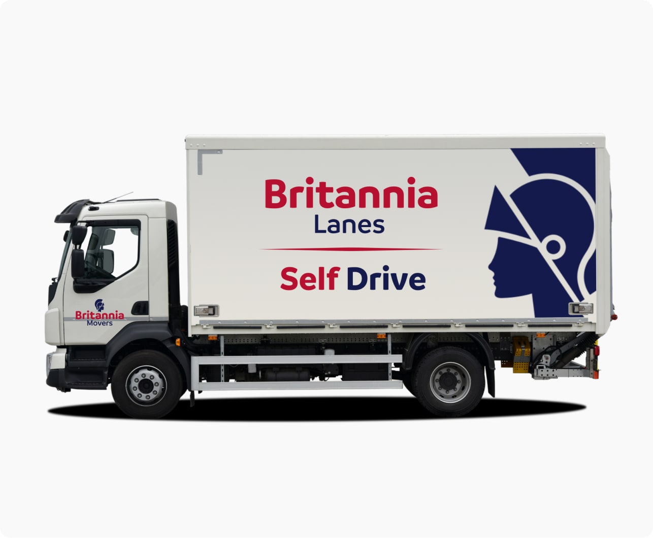 A commercial moving truck labeled "Britannia Lanes Self Drive," featuring a profile of a Roman soldier's helmet, is parked and viewed from its left side. The "Britannia Movers" logo is located on the cabin door and rear half of the truck.